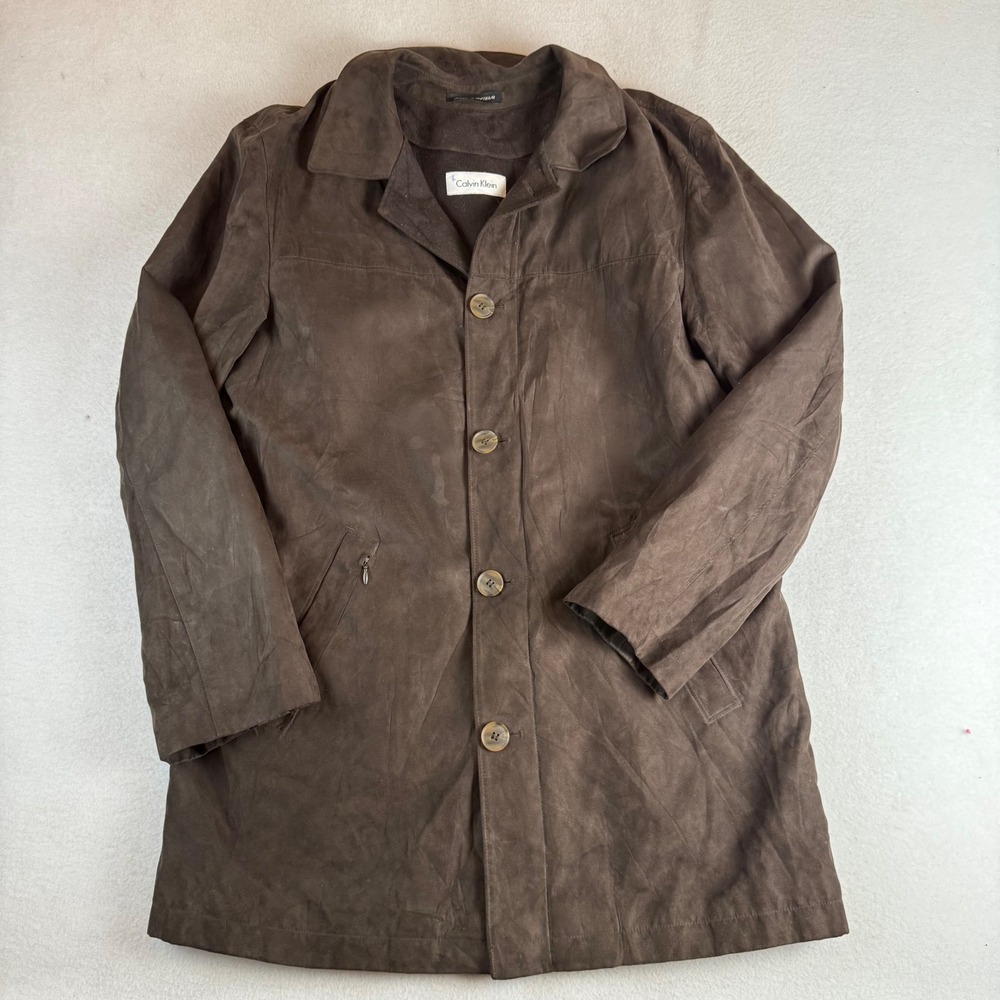 Calvin Klein Mens Brown Faux Suede Button Front Car Coat Jacket Size 38 Regular